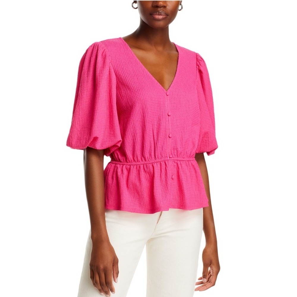 Lucky & Coco Hot Pink VNeck Peplum Top Short Balloon Sleeve Textured Woven Large